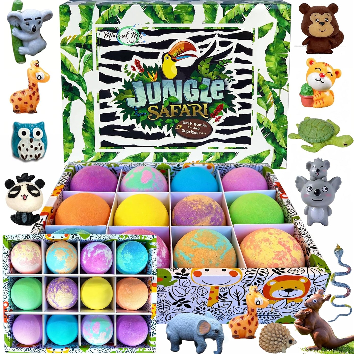 Bath Bombs for Kids with Surprise Inside, 12 Organic Bubble Bath Fizzies with Jungle Animal Toys. Moisturizing, Gentle & Kids Safe, Rainbow Spa Bath Fizz, Easter Basket Essentials for Boys, Girls
