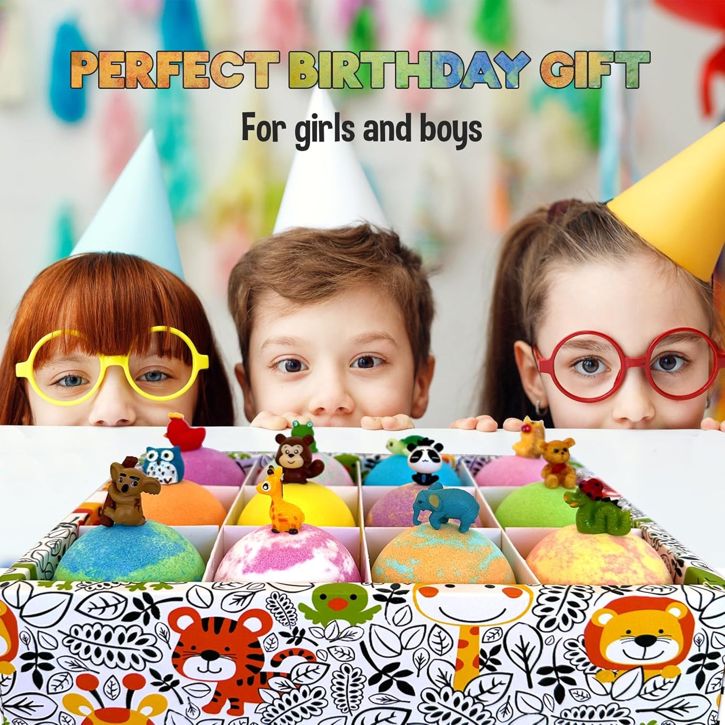 Bath Bombs for Kids with Surprise Inside, 12 Organic Bubble Bath Fizzies with Jungle Animal Toys. Moisturizing, Gentle & Kids Safe, Rainbow Spa Bath Fizz, Easter Basket Essentials for Boys, Girls