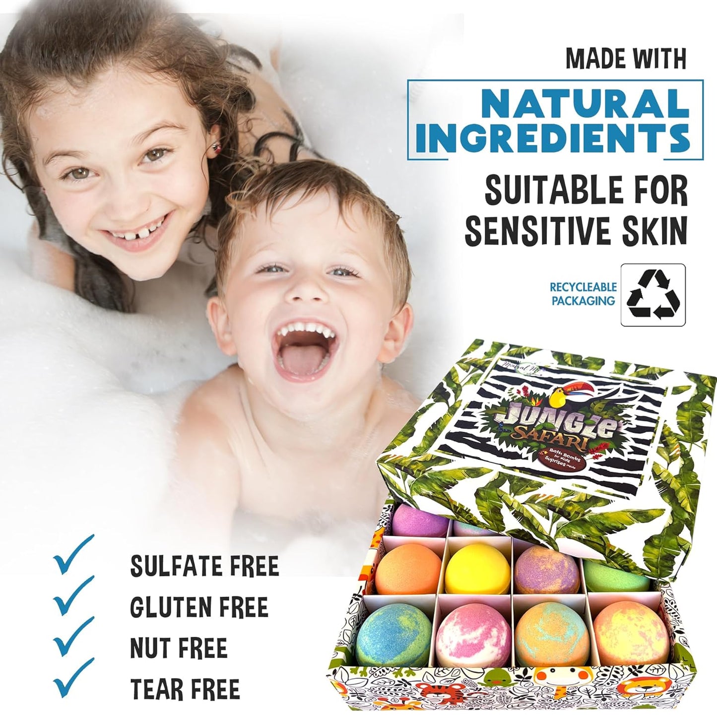Bath Bombs for Kids with Surprise Inside, 12 Organic Bubble Bath Fizzies with Jungle Animal Toys. Moisturizing, Gentle & Kids Safe, Rainbow Spa Bath Fizz, Easter Basket Essentials for Boys, Girls