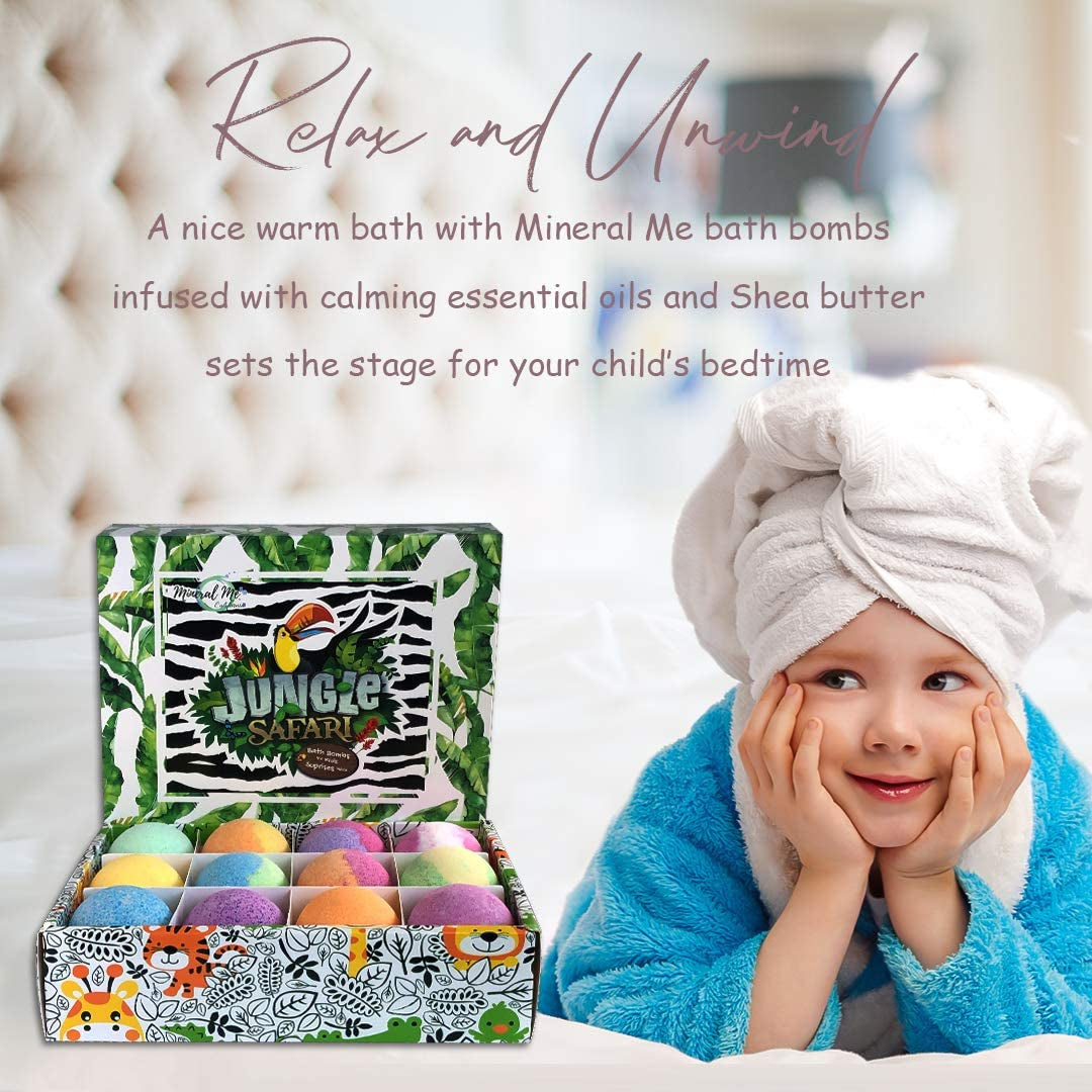 Bath Bombs for Kids with Surprise Inside, 12 Organic Bubble Bath Fizzies with Jungle Animal Toys. Moisturizing, Gentle & Kids Safe, Rainbow Spa Bath Fizz, Easter Basket Essentials for Boys, Girls