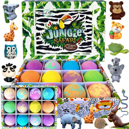 Bath Bombs for Kids with Surprise Inside, 12 Organic Bubble Bath Fizzies with Jungle Animal Toys. Moisturizing, Gentle & Kids Safe, Rainbow Spa Bath Fizz, Easter Basket Essentials for Boys, Girls