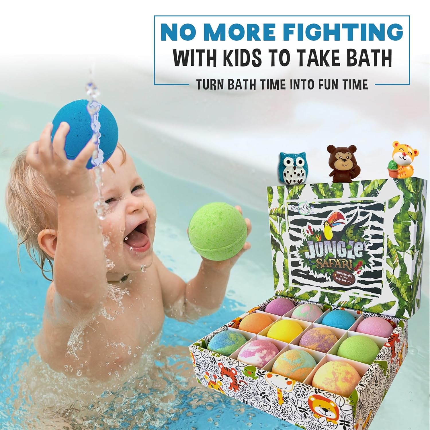 Bath Bombs for Kids with Surprise Inside, 12 Organic Bubble Bath Fizzies with Jungle Animal Toys. Moisturizing, Gentle & Kids Safe, Rainbow Spa Bath Fizz, Easter Basket Essentials for Boys, Girls