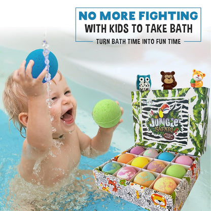 Bath Bombs for Kids with Surprise Inside, 12 Organic Bubble Bath Fizzies with Jungle Animal Toys. Moisturizing, Gentle & Kids Safe, Rainbow Spa Bath Fizz, Easter Basket Essentials for Boys, Girls