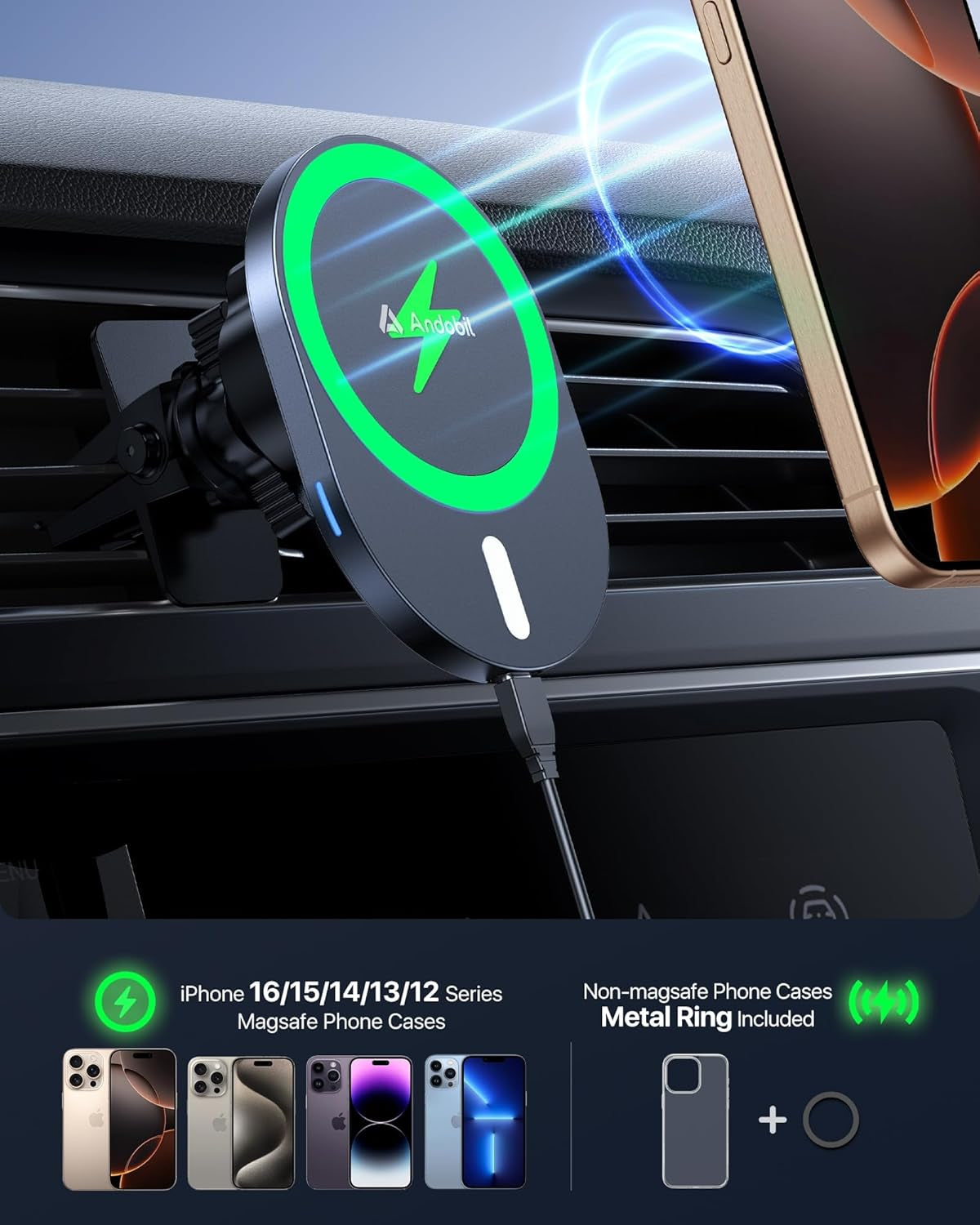 Wireless Car Charger [Real 15W Charging Faster & Safer] Magsafe Car Charger Phone Holder Mount for Car Compatible with Iphone 16 Pro Max / 15 Pro/14 Pro Max/13/12 Series