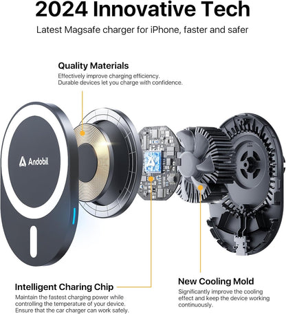 Wireless Car Charger [Real 15W Charging Faster & Safer] Magsafe Car Charger Phone Holder Mount for Car Compatible with Iphone 16 Pro Max / 15 Pro/14 Pro Max/13/12 Series