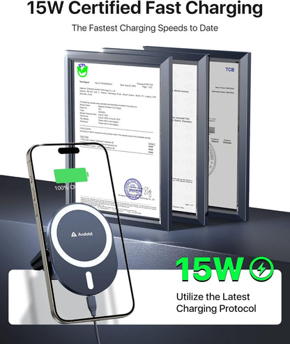 Wireless Car Charger [Real 15W Charging Faster & Safer] Magsafe Car Charger Phone Holder Mount for Car Compatible with Iphone 16 Pro Max / 15 Pro/14 Pro Max/13/12 Series