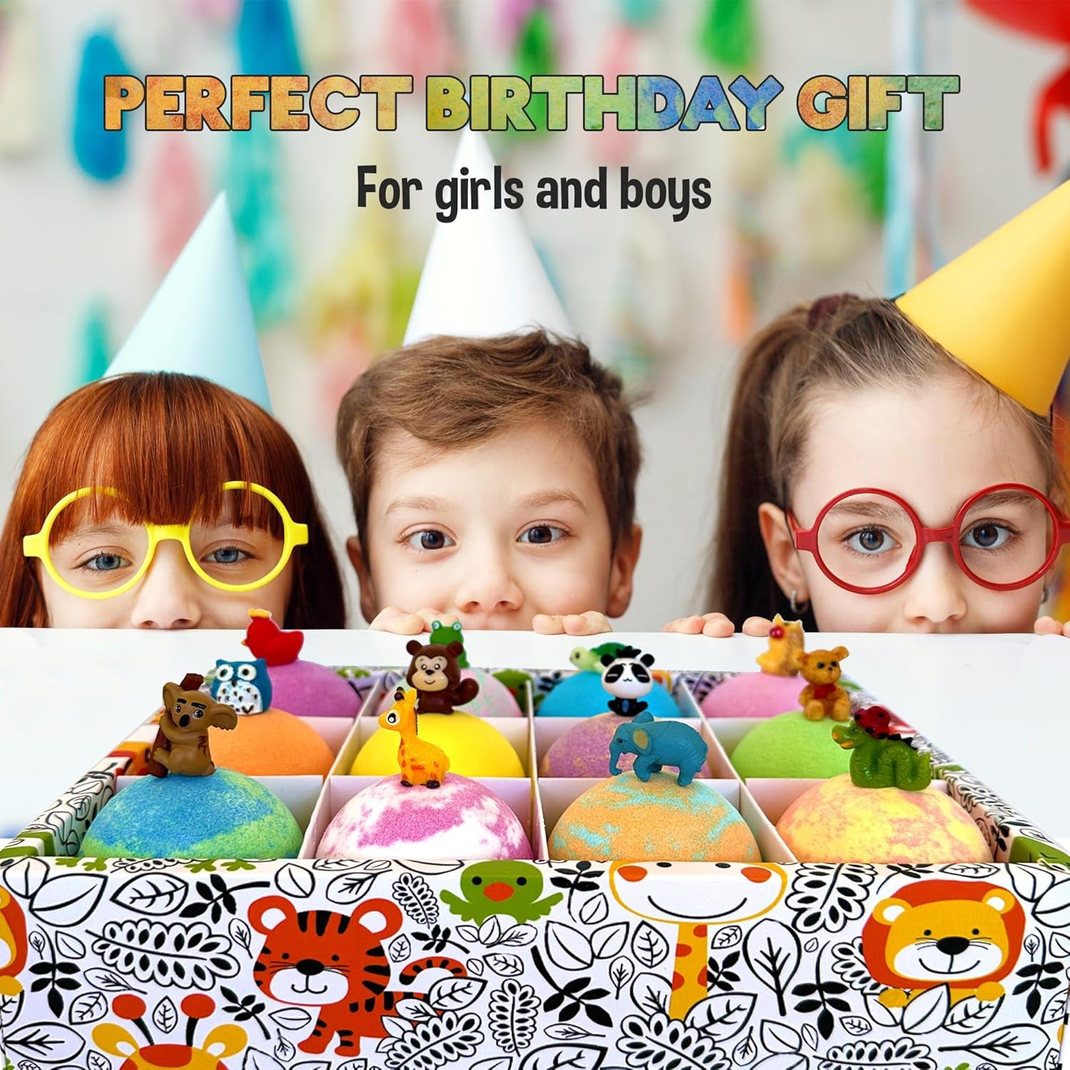 Bath Bombs for Kids with Surprise Inside, 12 Organic Bubble Bath Fizzies with Jungle Animal Toys. Moisturizing, Gentle & Kids Safe, Rainbow Spa Bath Fizz, Easter Basket Essentials for Boys, Girls