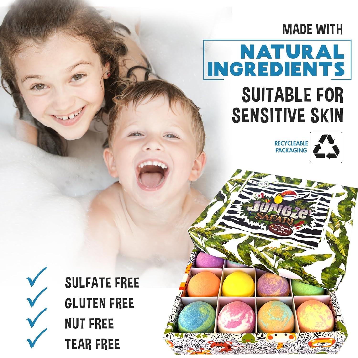 Bath Bombs for Kids with Surprise Inside, 12 Organic Bubble Bath Fizzies with Jungle Animal Toys. Moisturizing, Gentle & Kids Safe, Rainbow Spa Bath Fizz, Easter Basket Essentials for Boys, Girls