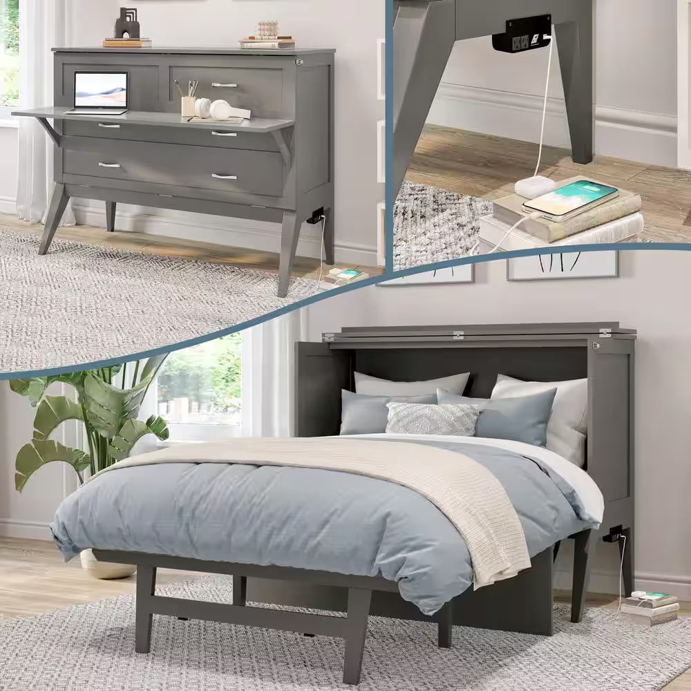 Northampton Gray Murphy Bed Desk with Full Mattress